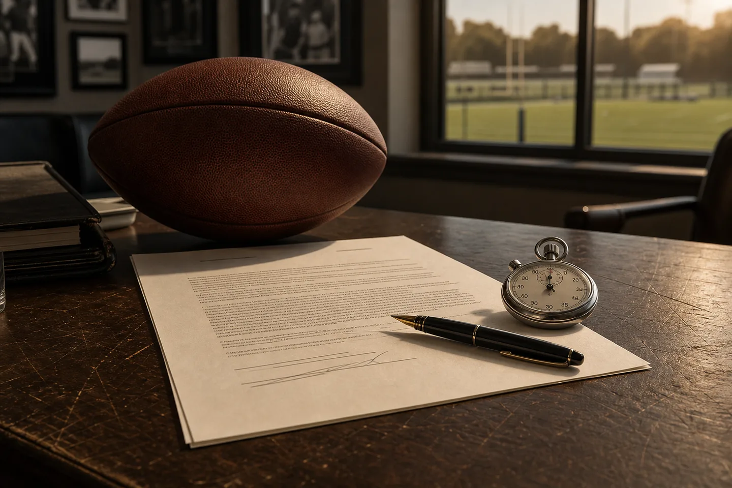 A football contract, fountain pen, stopwatch, and football rest on an operations desk