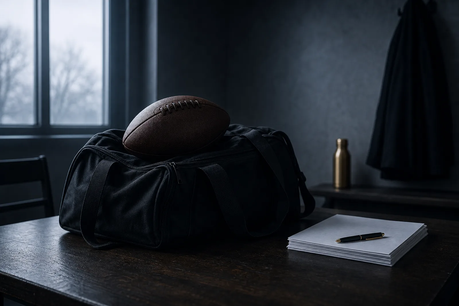 An unsigned contract pushed to the edge of a table beside a packed duffel bag and an unbranded football in cool morning light