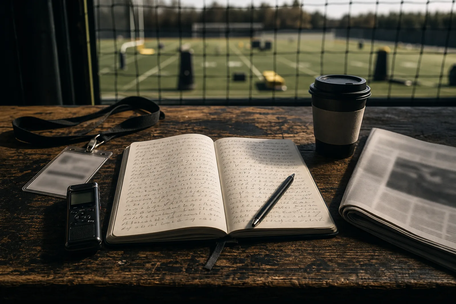 A reporter's notebook, voice recorder, press credential, and folded newspaper on a press-row desk overlooking a practice field