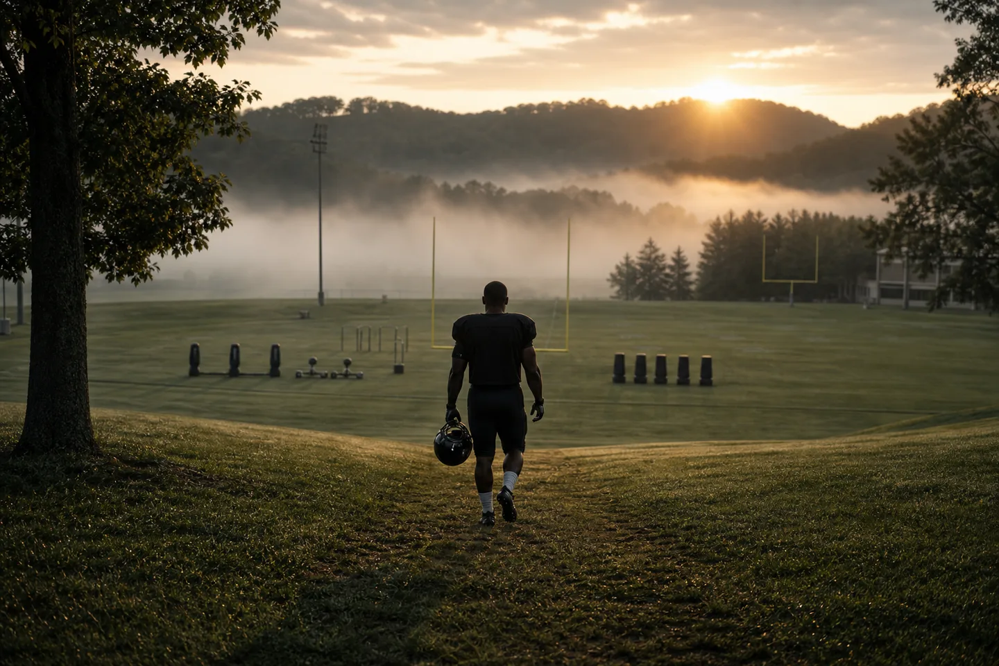 A football player walks toward a misty western Pennsylvania practice field at sunrise