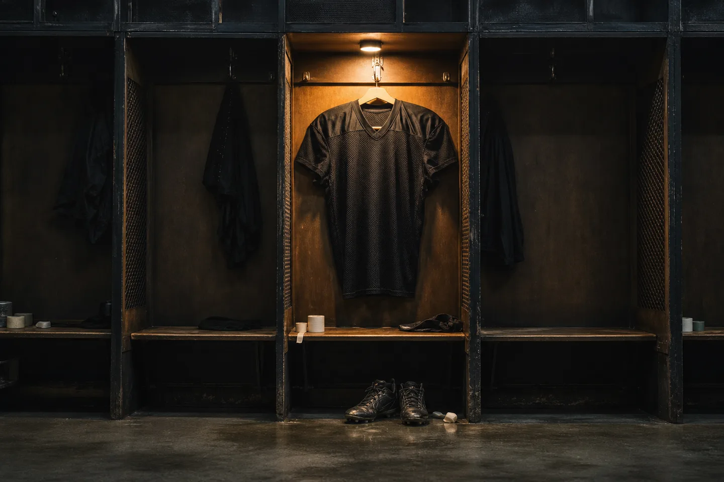 An unnumbered black practice jersey hangs alone in a dim locker room