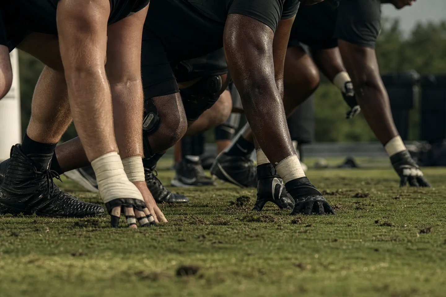 Defensive linemen set their hands and cleats on a torn practice field