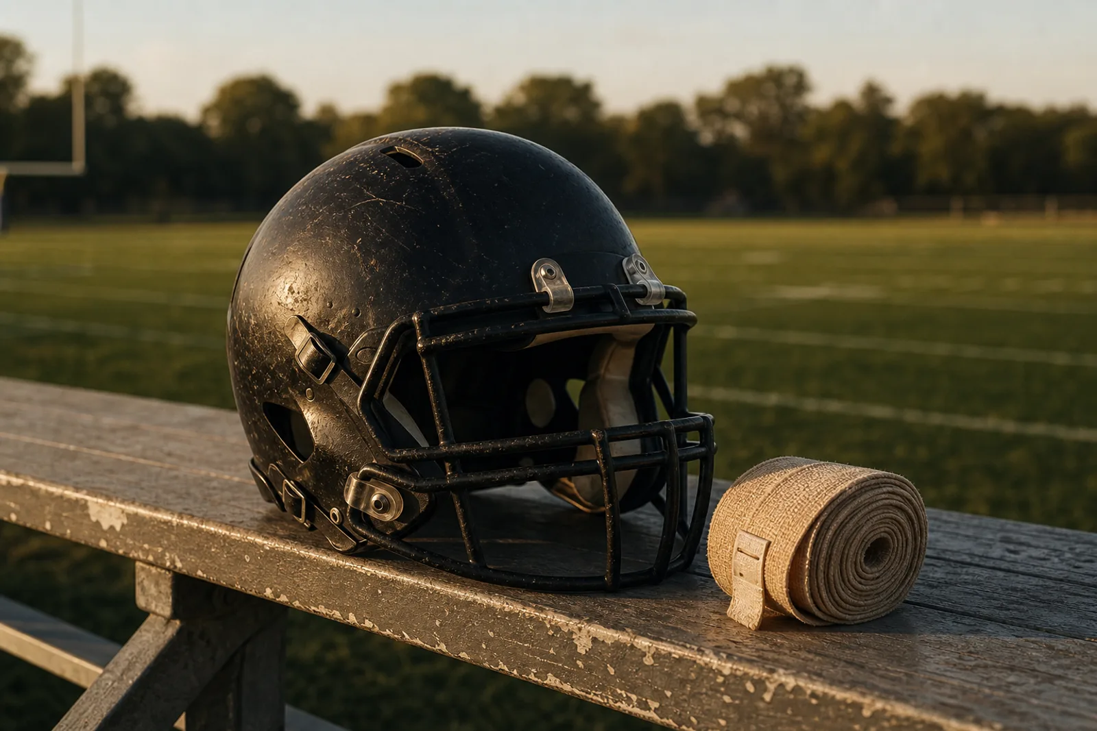A football helmet and a rolled compression wrap resting on a sideline bench in evening light