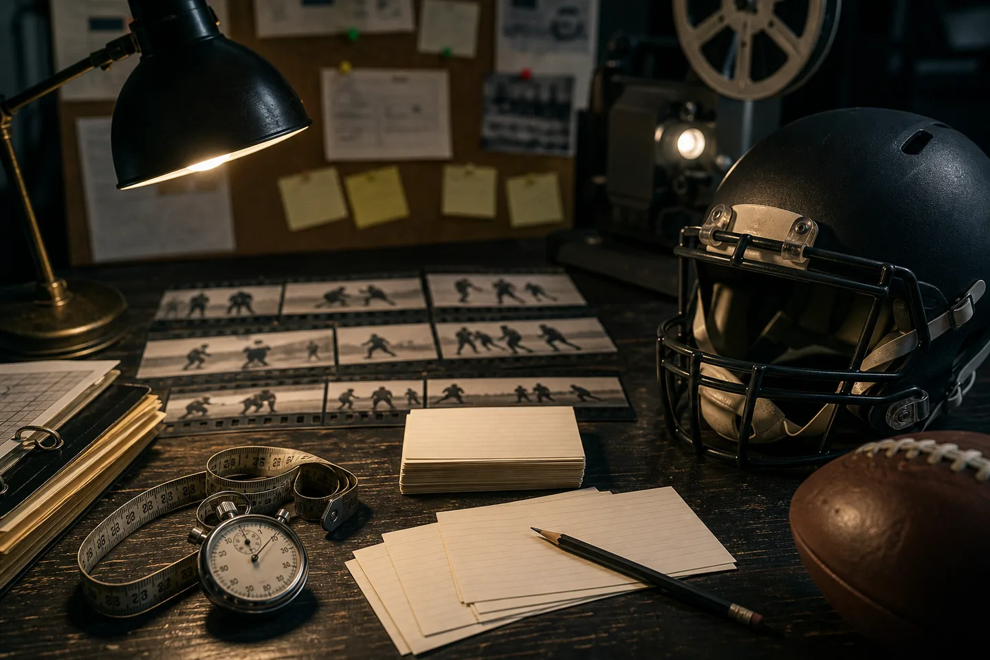 A scouting desk holds blank evaluation cards, film strips, a stopwatch, and a football helmet