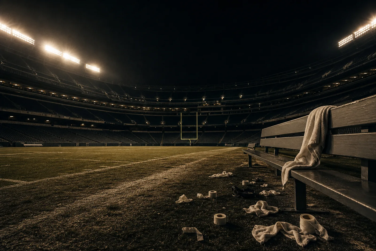 Empty stadium seats under floodlights at night after a football game has ended