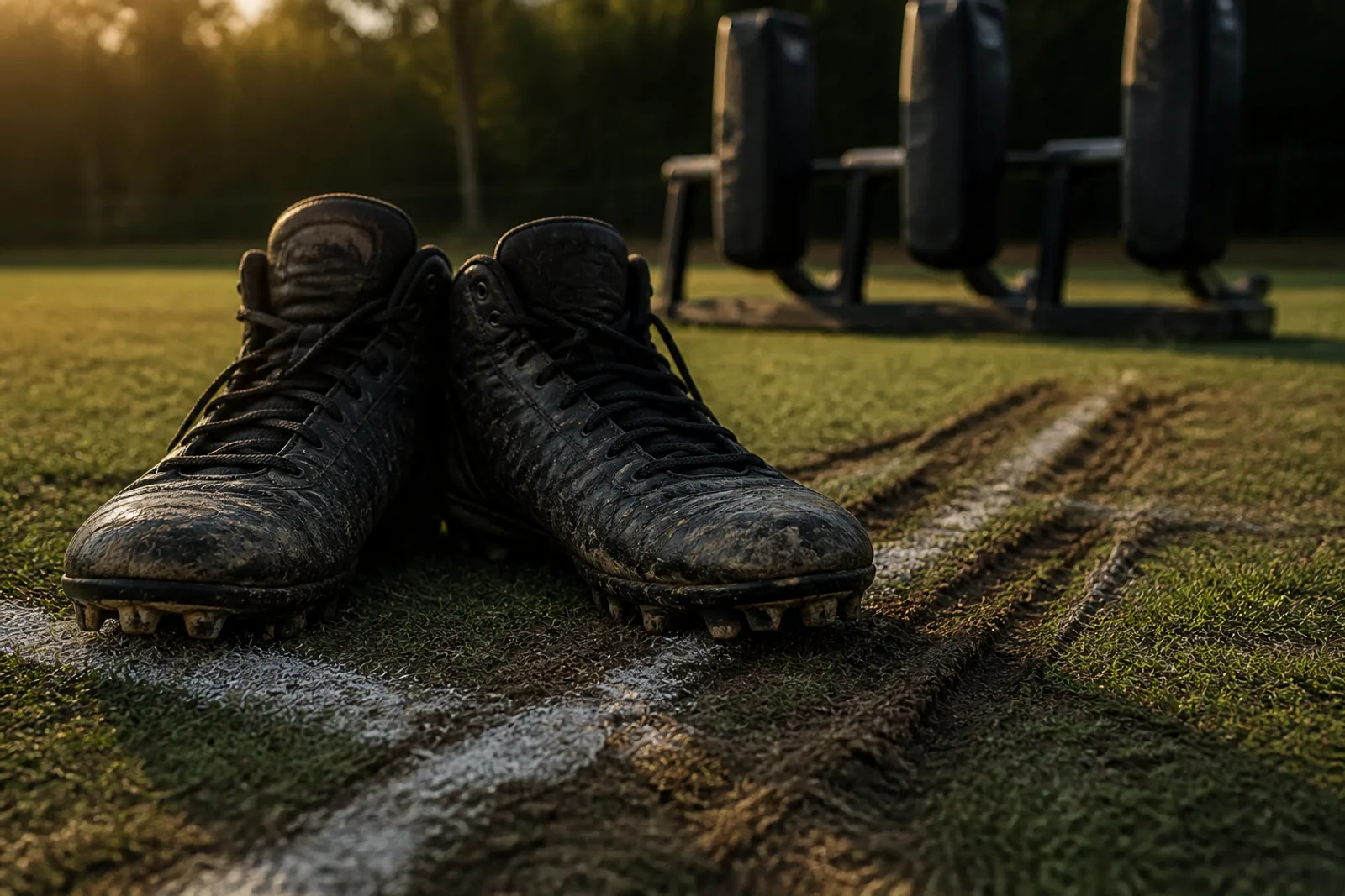 A massive pair of worn lineman's cleats at the edge of a practice drill lane with kick-slide marks scuffed into the turf