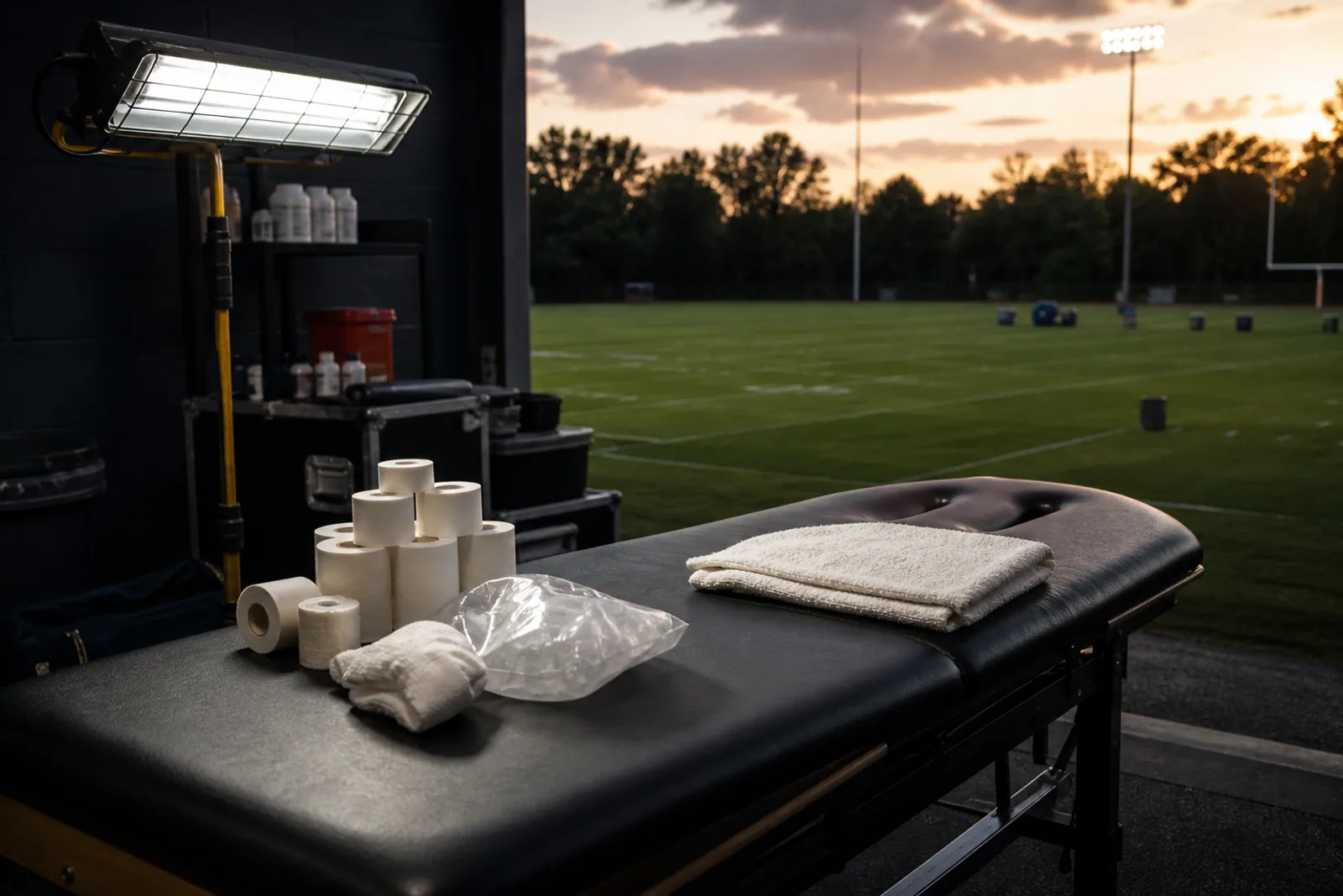 An athletic trainer's table beside an empty practice field, rolls of white tape and an ice wrap laid out under harsh fluorescent light