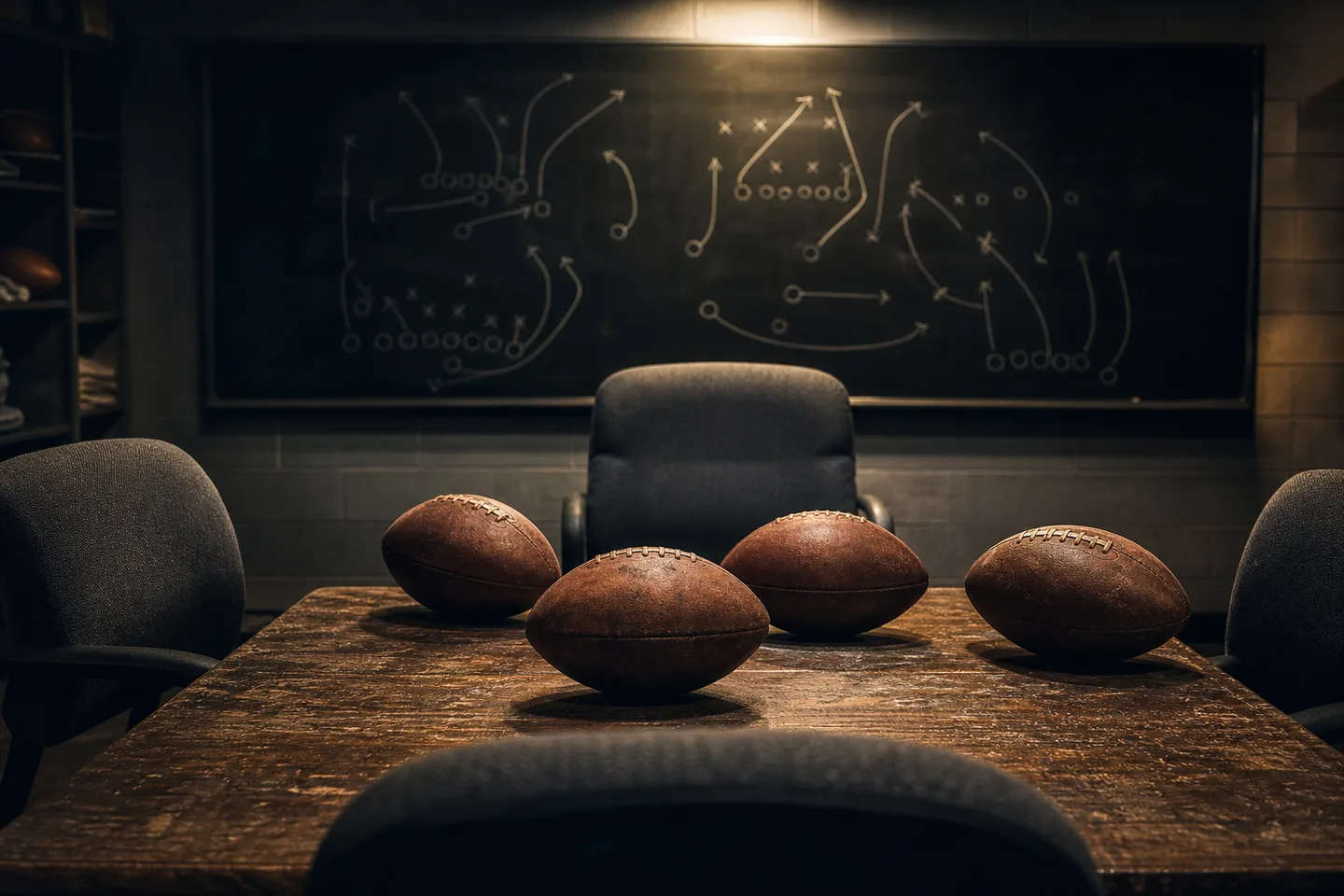 Four footballs sit around a worn table in an empty quarterback meeting room
