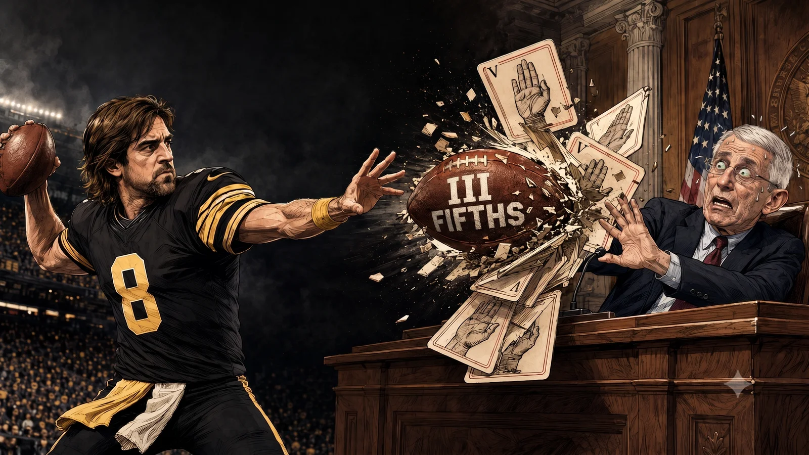 Editorial cartoon of a quarterback in black and gold firing a football labeled 111 Fifths through a scatter of Fifth Amendment cards toward a startled witness at a hearing bench