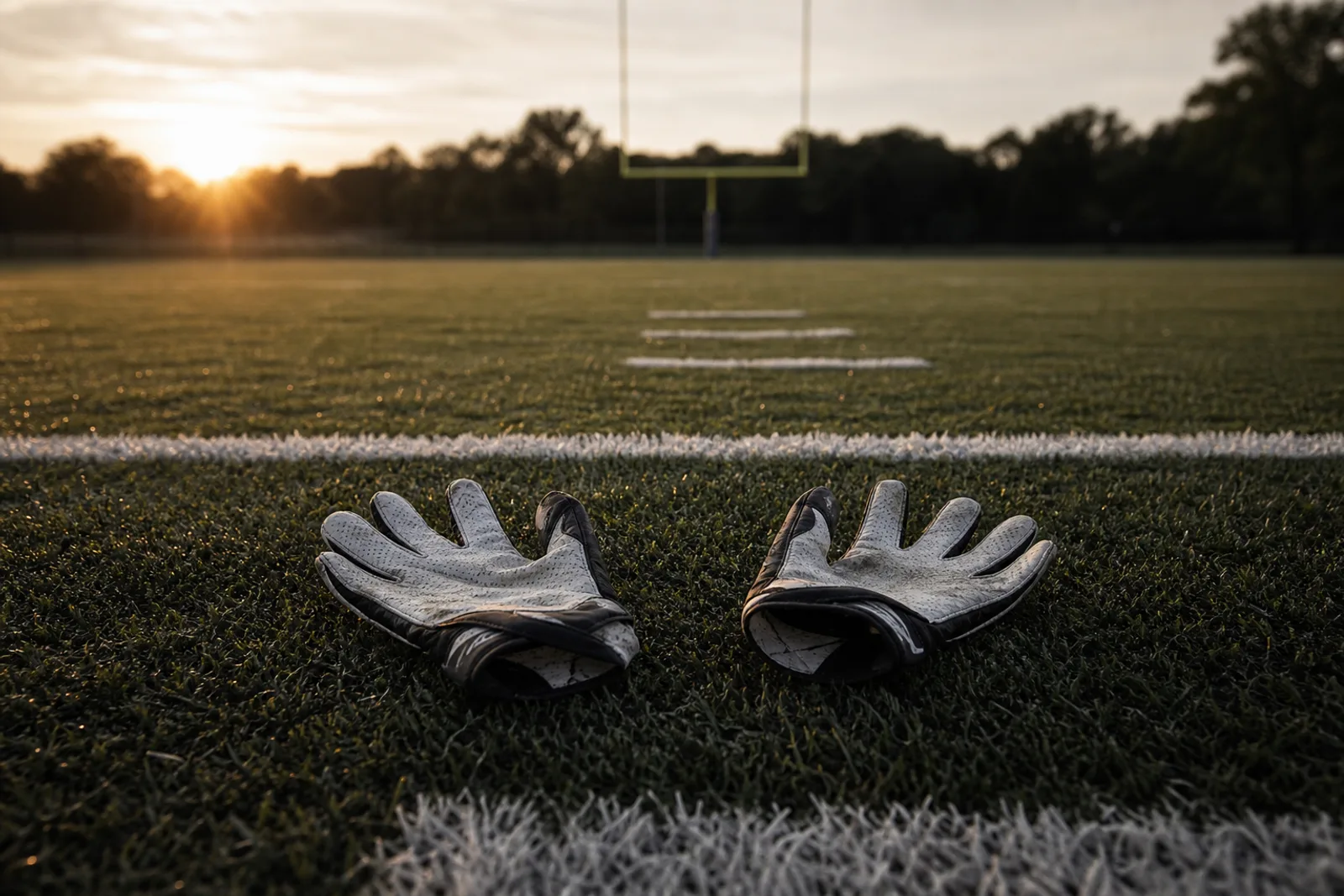 A worn pair of unbranded receiver gloves resting on empty practice field grass between the hash marks