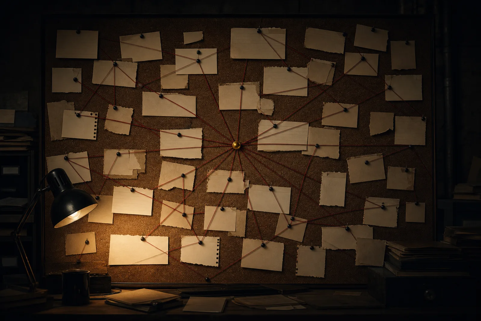 A dim newsroom corkboard covered in blank index cards connected by red string, one gold pushpin at the center