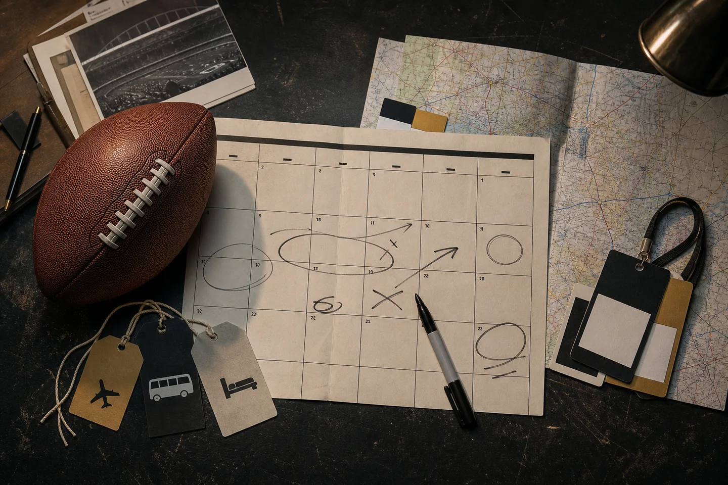 A football, calendar, road map, and travel tags cover a team operations table