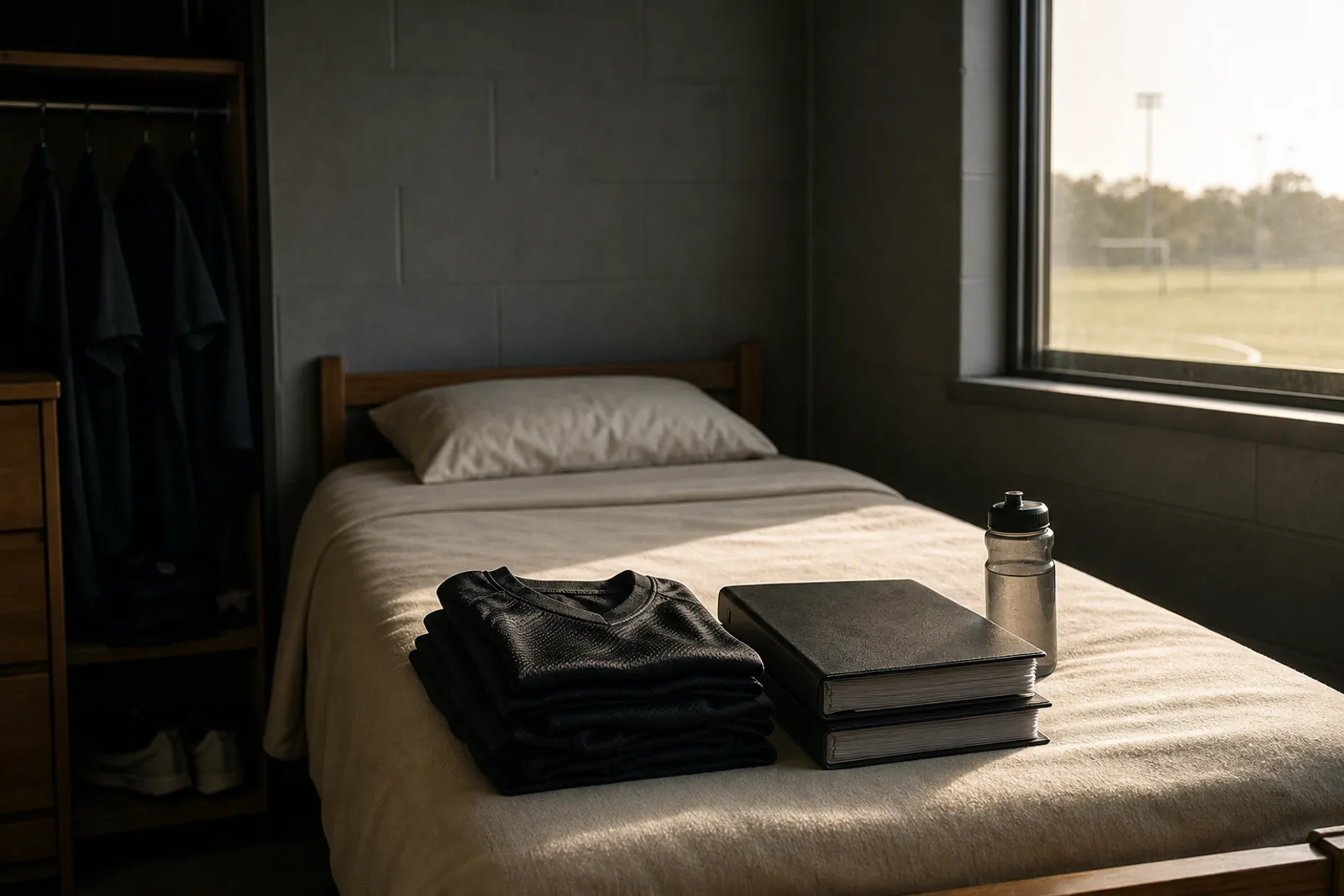 A stack of folded blank practice jerseys and playbook binders on a dormitory bed in morning light
