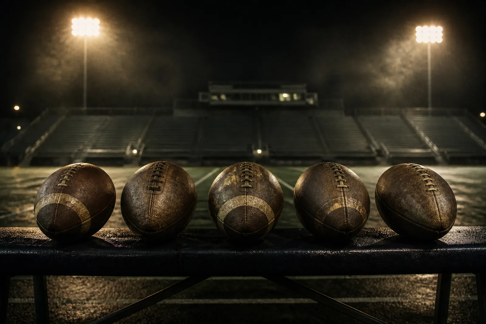 Five worn footballs lined up on a sideline bench under stadium floodlights with empty stands beyond