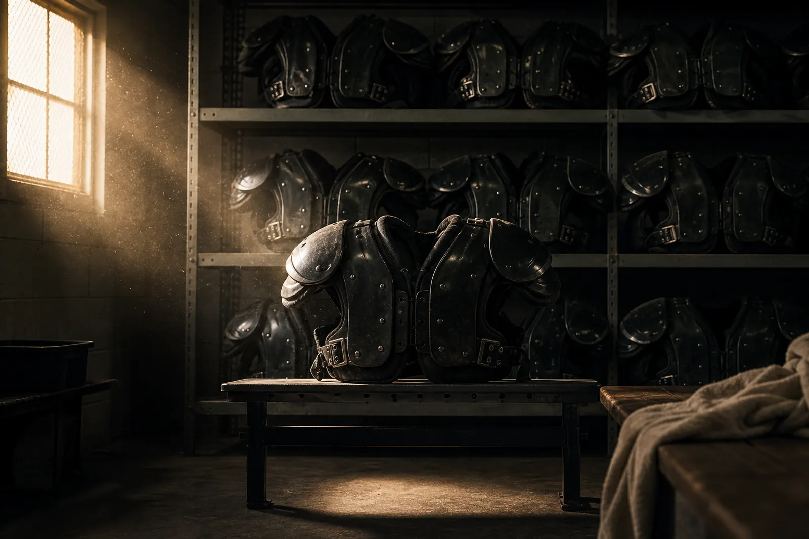 Football shoulder pads stacked on an equipment rack in a dim storage room, waiting to be issued