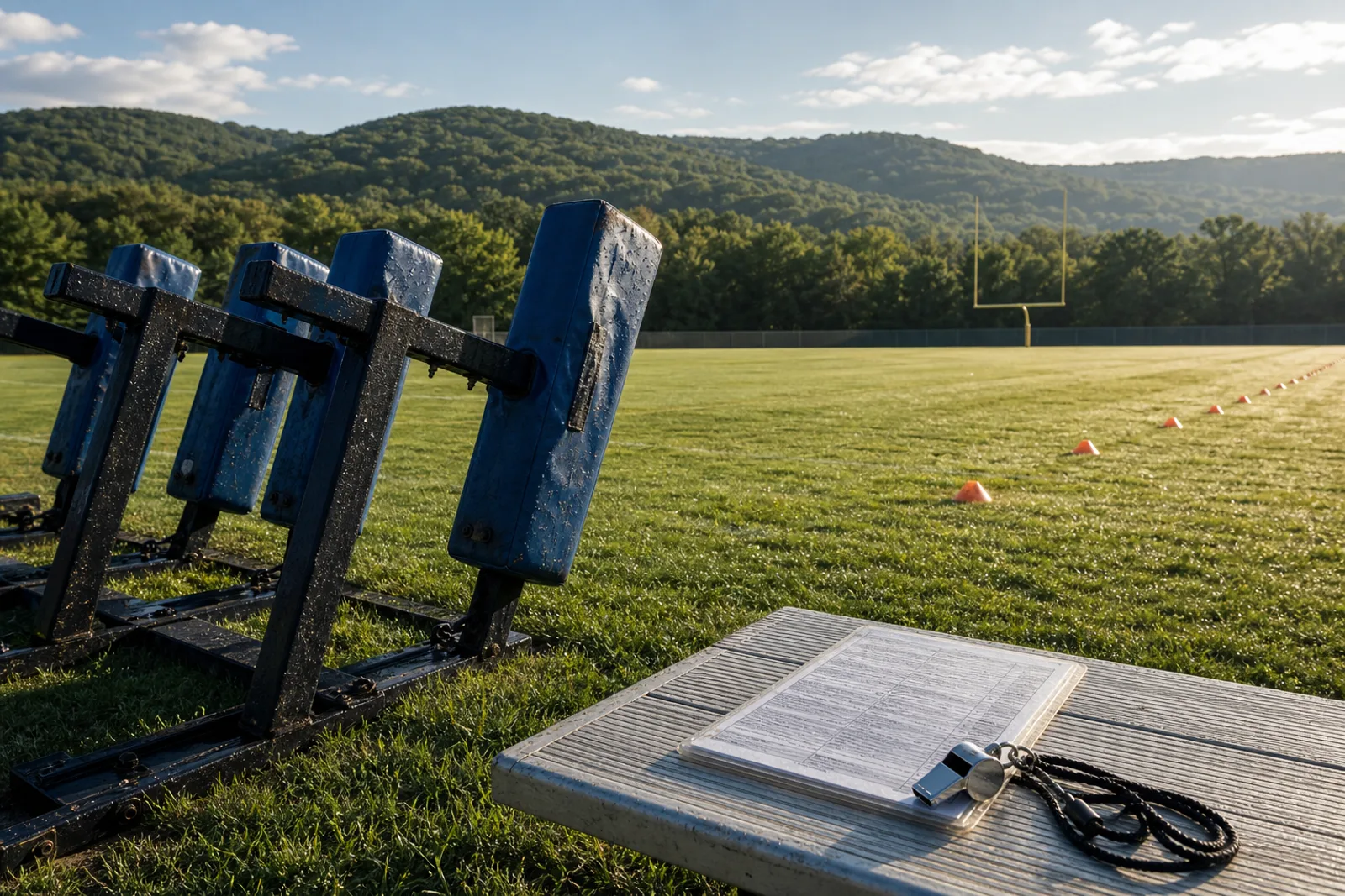 Blocking sleds, cones, and a whistle on an empty training camp practice field in late morning sun