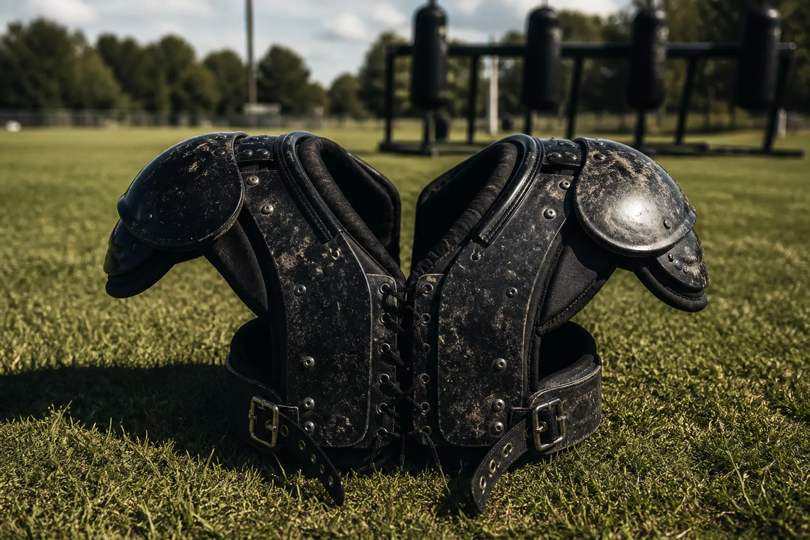 Worn black shoulder pads resting upright on green practice field grass in hard midday sun