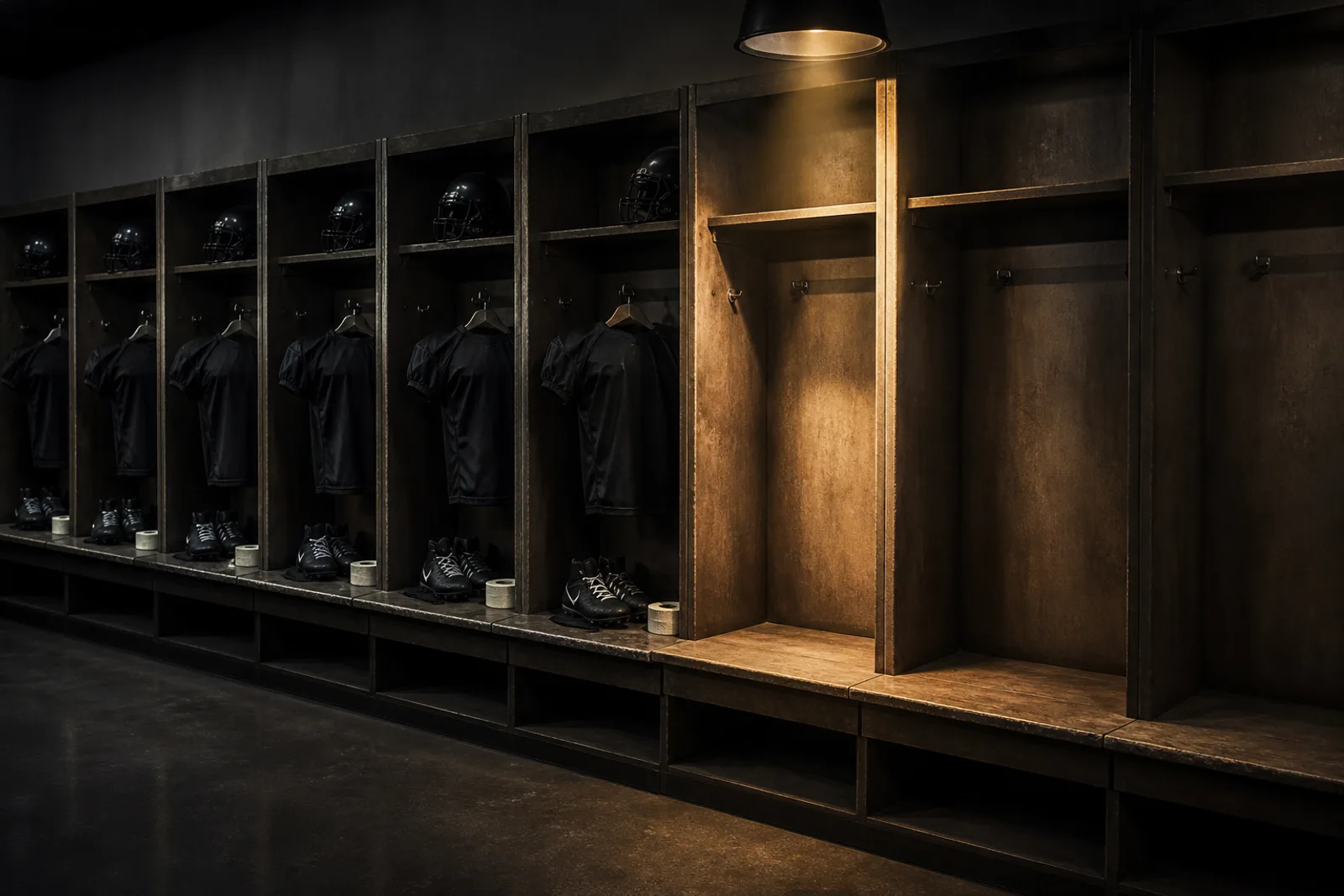 A long row of locker stalls in dim light, half of them holding gear and half stripped bare