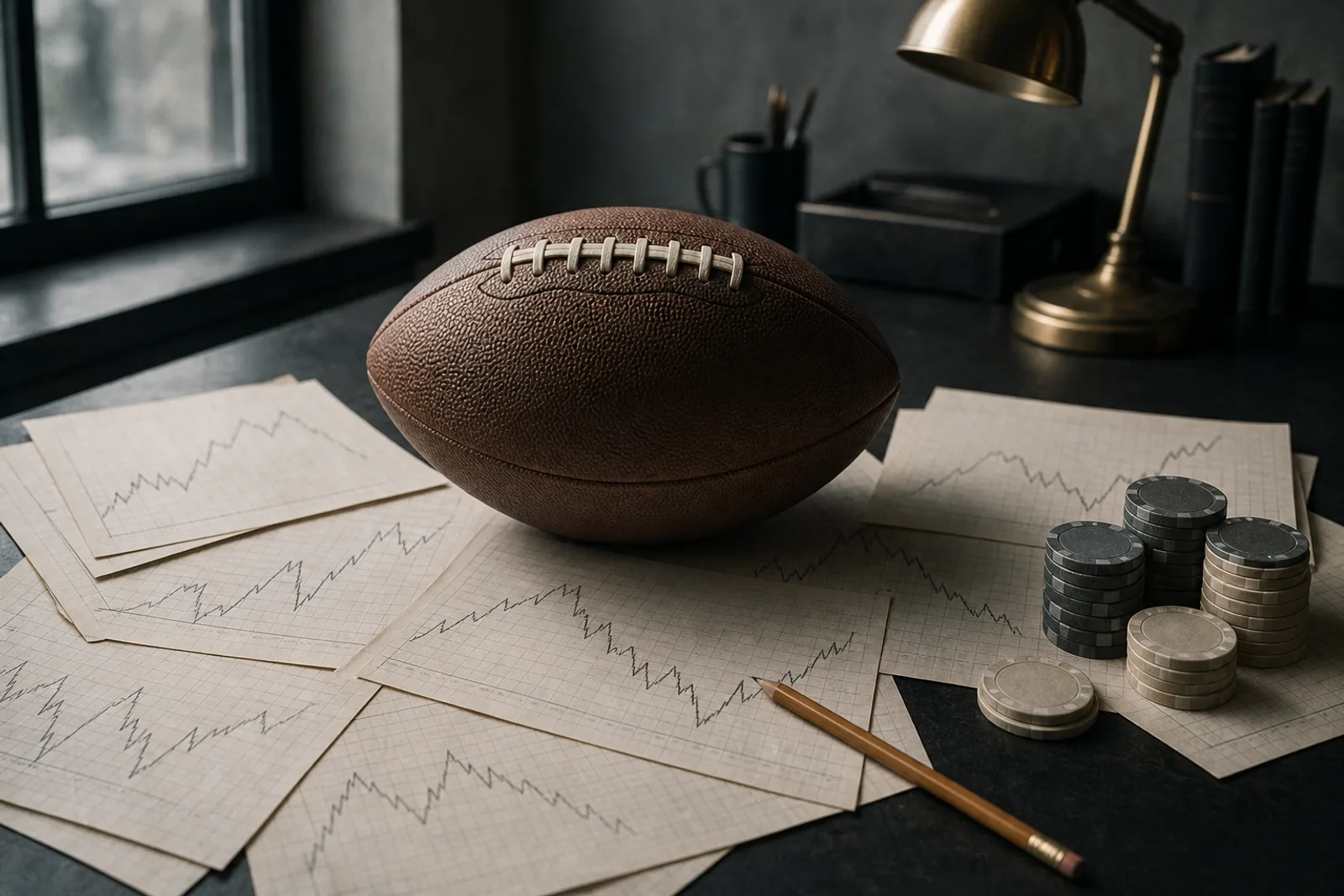 An unbranded football resting on scattered graph paper with an unlabeled rising and falling line chart in cool morning light