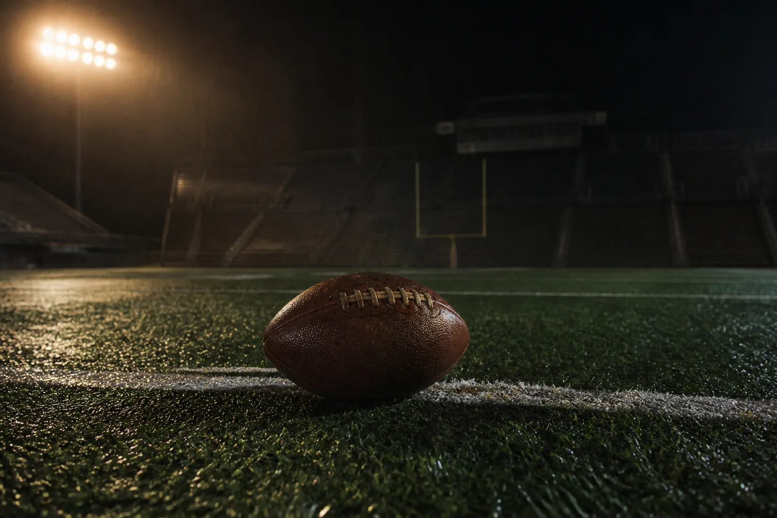 A lone football resting on empty turf near the goal line at night, stadium lights glowing on wet grass with nobody in the frame